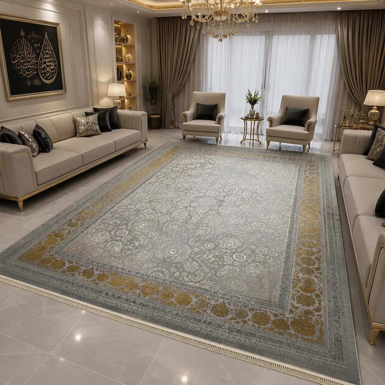 فرش 12 متری 700 شانه تندیس فرنود طوسی طلائی فیلی 804 V