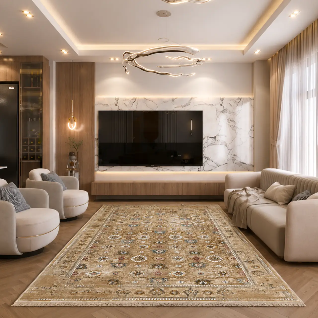 فرش 6 متری 1200 شانه الماس کویر طلائی سفید 4538