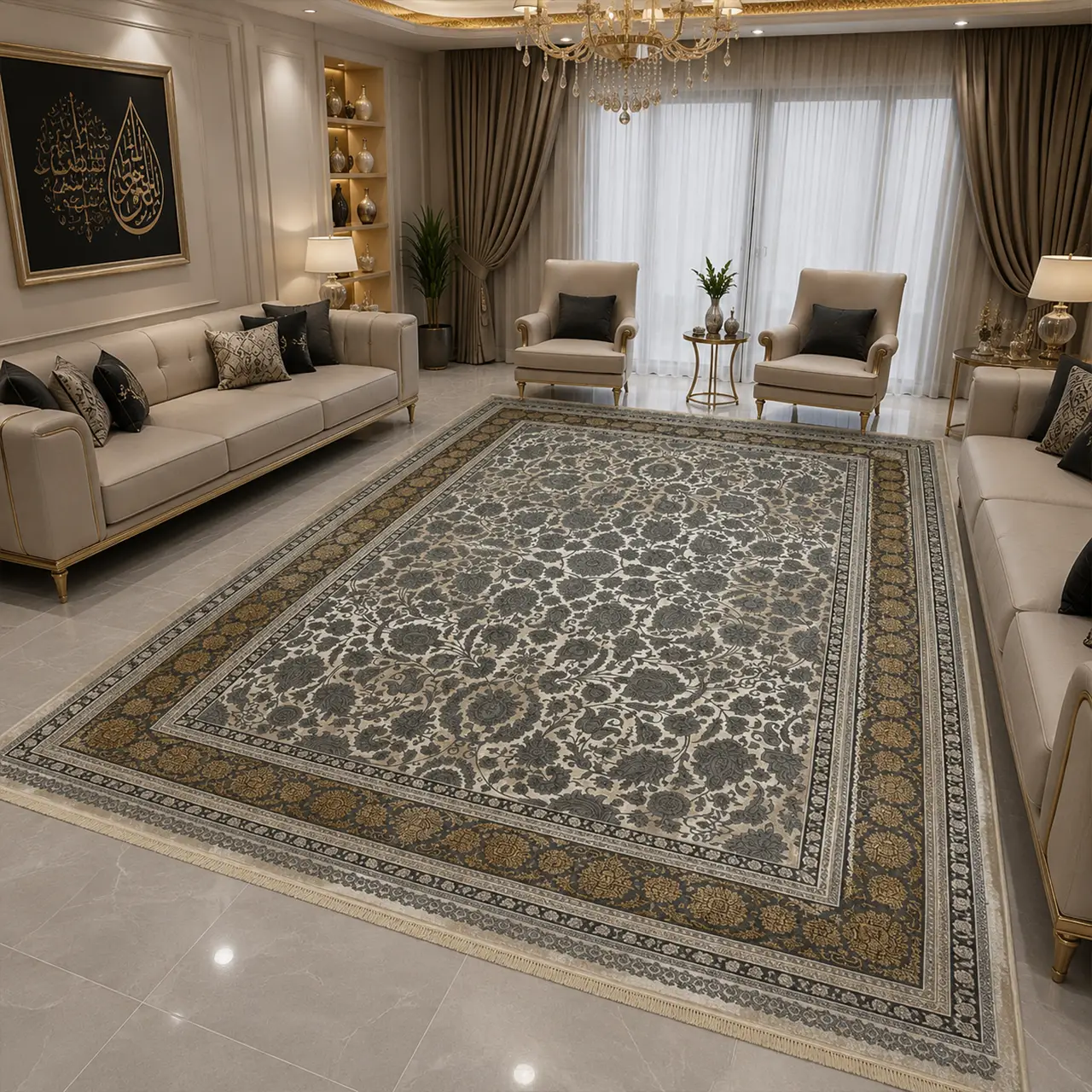 فرش 12 متری 700 شانه تندیس فرنود بژ طلائی  808 V